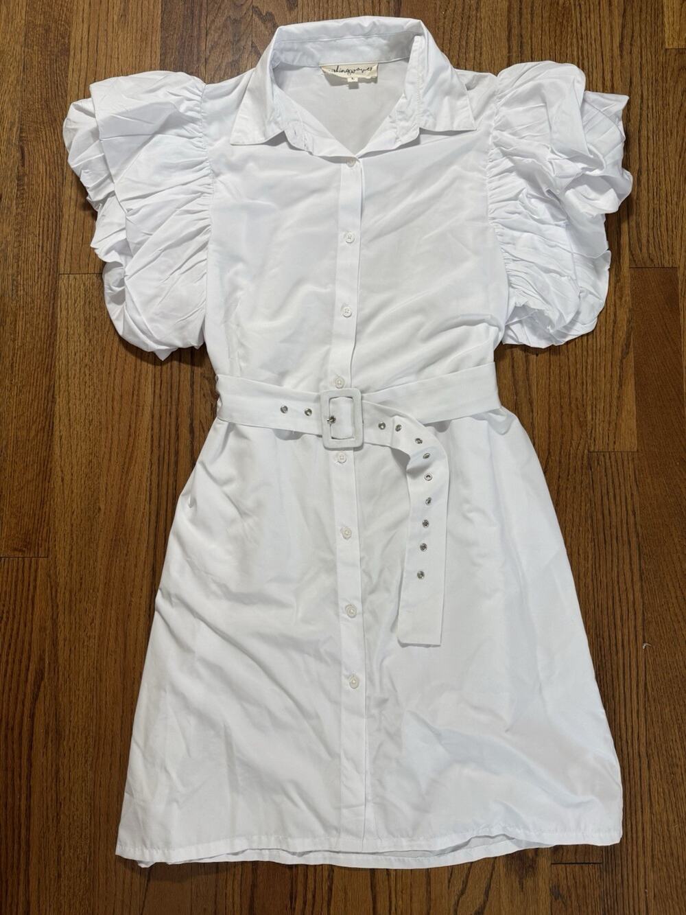 Wishing Waves White Ruffle Puff Sleeve Belted Mini Dress Size L С8